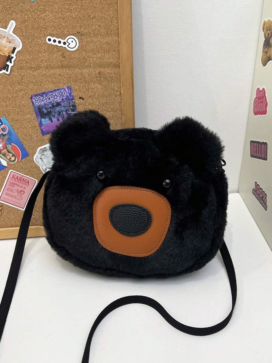 1件裝絎縫拉鍊開合對比色毛絨包，卡通熊毛絨斜挎包，可愛百搭動物造型零錢包，個性休閒手機單肩包，生日禮物，輕量，適合約會、購物與日常使用