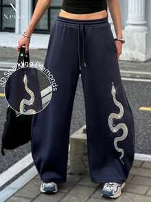 Women's Long Wide Leg Sweatpants, Snake Skin Knit Fabric With Rhinestones, Ladies Casual Pants - Navy Blue - View 2