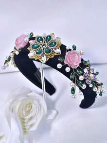 1pc Rhinestone & Pearl Flower Headband, Retro Style For Women, Suitable For Bride, Wedding, Engagement, Date, Casual, Holiday, Party, Celebration - Multicolor - View 3