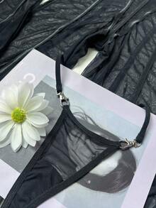 Sexy Halter Neck, Backless, See-Through, One-Piece Pantyhose With Metallic Embellishments, Slim-Fitting And Sexy Bodysuit - Black - View 11