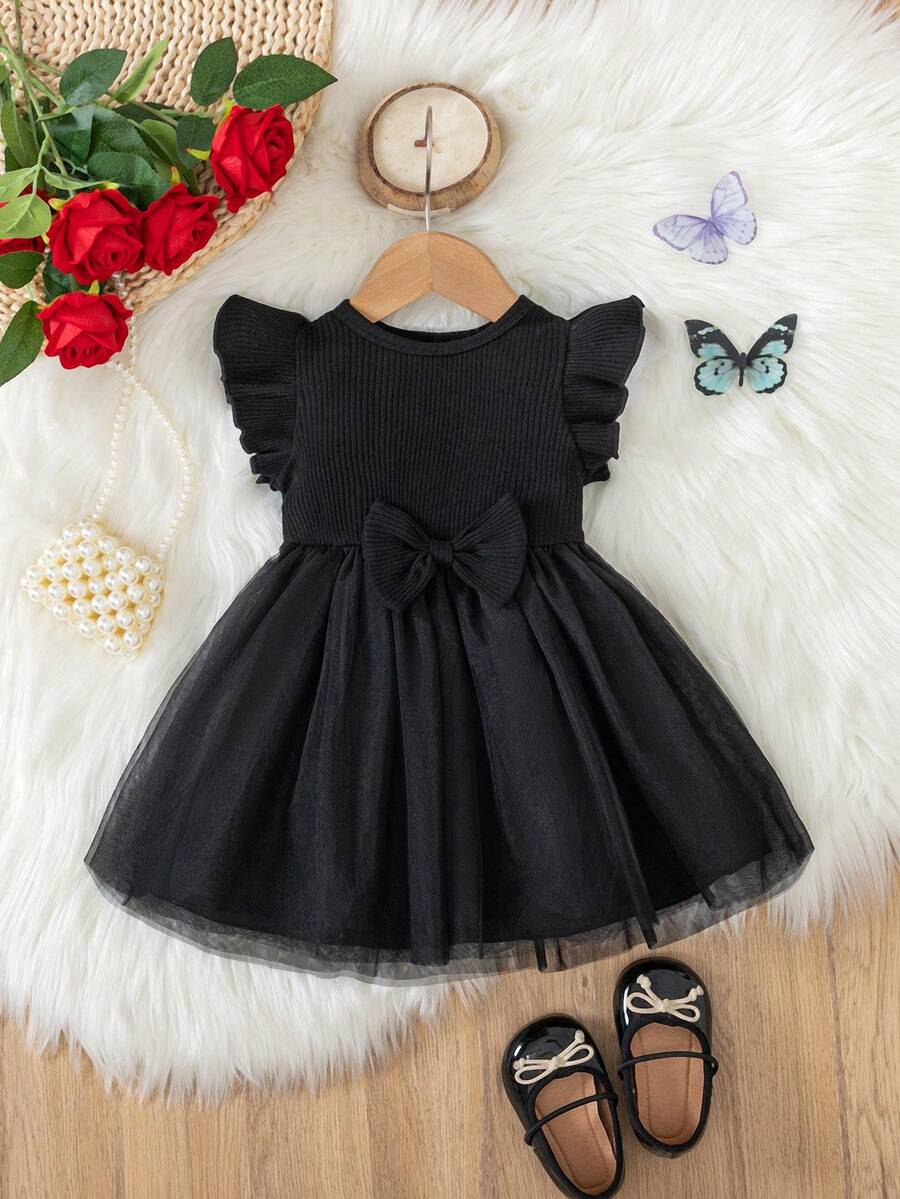 Baby Girls' Fashionable Casual Sweet Cute Bow Round Neck Cap Sleeve Mesh Dress, Summer