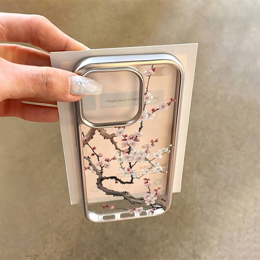 Metallic Silver Frame Clear Phone Case, Ink Painting Cherry Blossom Plum Blossom Pattern Shockproof Cover For IPhone 17 Pro Max,/16/15/14/13/12/11, Easter, Girlfriend, Friend, Soft Protective Cover, Couple Phone,New Phone,Valentine's Day,Blooming Flower Design,Cute Phone Case - 1pc - 查看 1