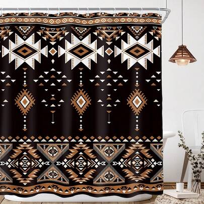 Abstract Boho Southwestern Brown Geometric Retro Native Neutral Fabric Waterproof Polyester Bathroom Decor Set With Hook