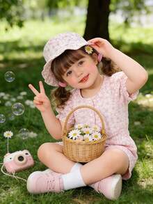 3pcs/Set Summer Girls Outfit: Jacket, Shorts, Hat, Floral Textured Fabric, Fashionable , Fits 0-3 Years Old, Casual Style Summer Baby Girl Set - Pink - View 3