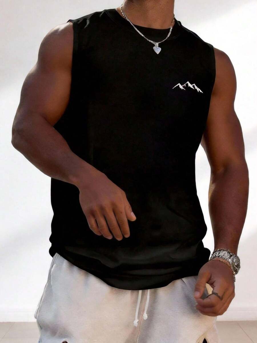 Driftmere 男士夏季休闲山地印花圆领背心 - 黑色 - 查看 1