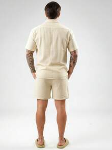 Men's Linen Dress Set: Button-Down Shirt And Linen Shorts - Màu be - Xem 2