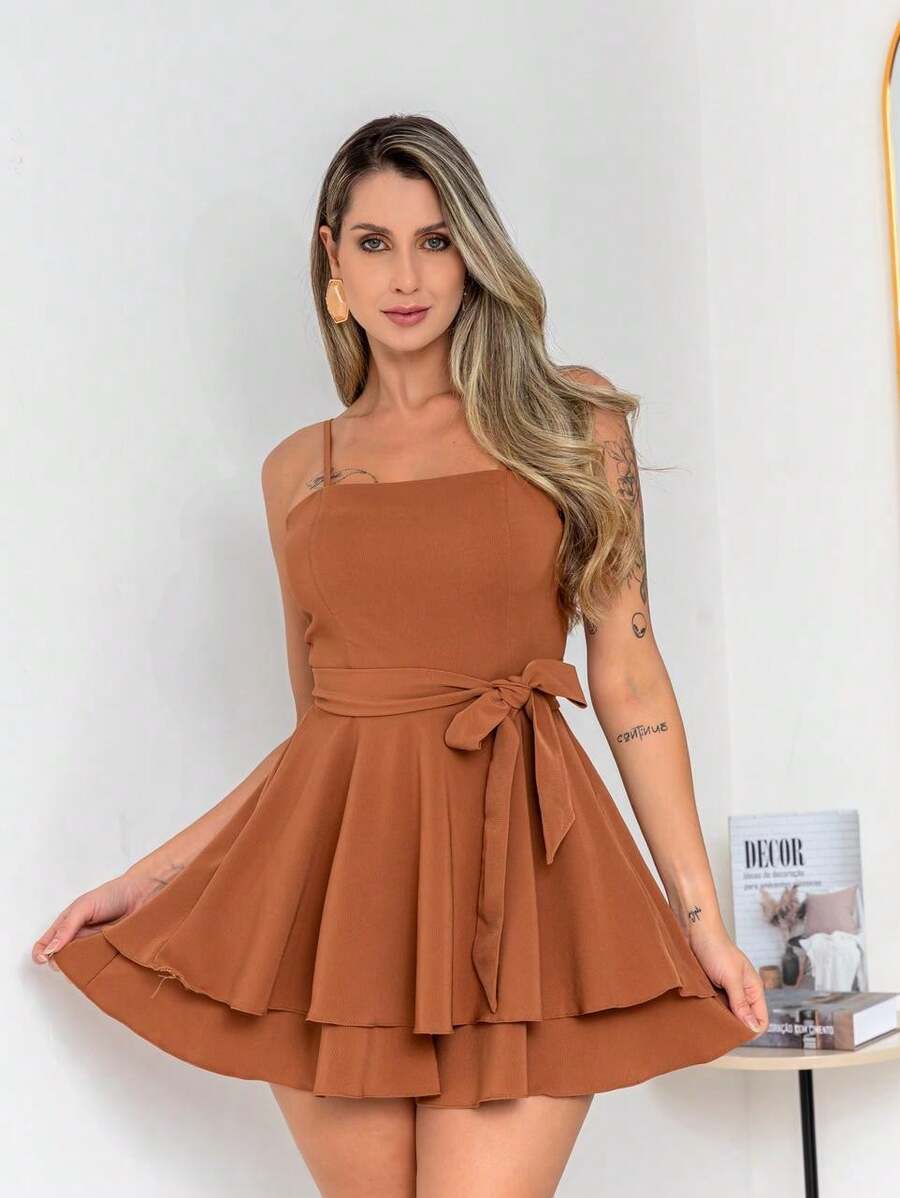 Basic Printed Jumpsuit With Padded Cups - Duna Premium - Camel - View 1