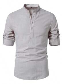 Men's Cotton Linen Long-Sleeved Shirt - 灰色 - 查看 6
