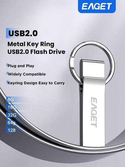 EAGET Mini USB Flash Drive โลหะความเร็วสูง USB 2.0 แฟลชไดรฟ์ Thumb Drive 8GB/16GB/32GB/64GB/128GB, อุปกรณ์จัดเก็บข้อมูลพร้อมพวงกุญแจสำหรับนักเรียน สำหรับการถ่ายโอนข้อมูลและสำรองข้อมูล Memory Stick