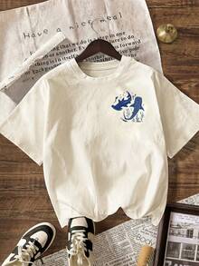 Women's Casual Round Neck Short Sleeve T-Shirt With Shark Ocean Conservation Print - Light Apricot - View 2