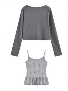 2件套女士波点蝴蝶结吊带背心和开衫套装 - 灰色 - 查看 4