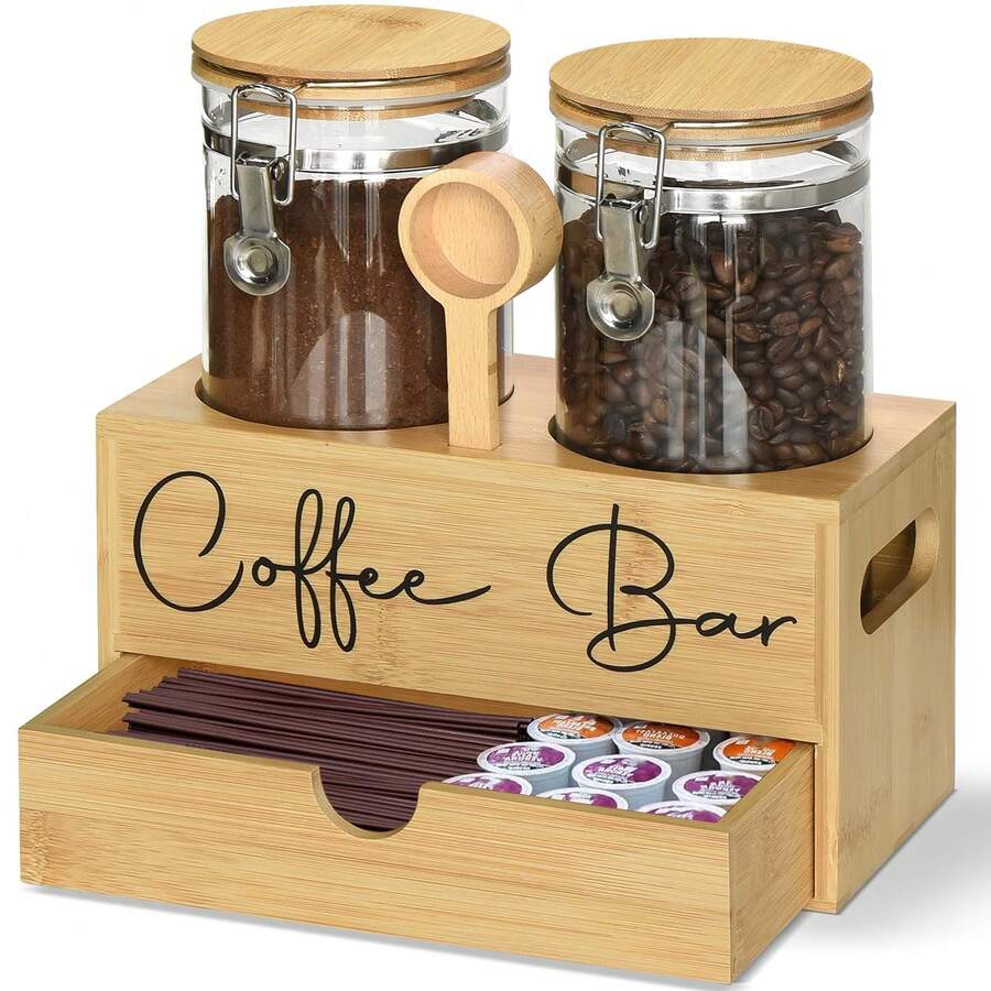 Bamboo Shelf Coffee Station Organizer 2Pcs 48oz Borosilicate Glass Airtight Jars With Stainless Steel Lid Spoon Drawer For Coffee Bean Sugar Nuts Kitchen Storage - 竹子-附抽屜 - 查看 1