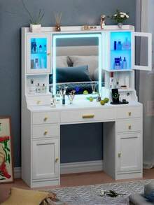 Brand New, High-Quality Vanity Table With Mirror And LED Light, 3 Lighting Modes And Adjustable Brightness, Built-In Drawers And Cabinets. - White - View 7
