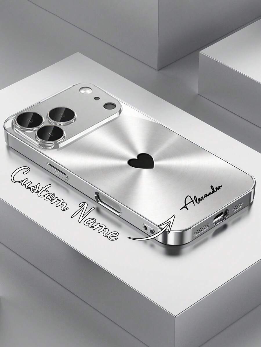 1pc Customized Name & Gradient Silver Heart Design Electroplated Glass Phone Case Compatible With IPhone 17 Pro Max/16 Pro Max/15/14 Plus/13 Pro/12 Pro Max/11/Xs Max/8/7/6 Plus, S24 Ultra/S25 Ultra Accessories - Multicolor - View 1