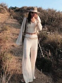 女士春夏新款波西米亚风高端设计小众流苏镂空针织套装短裤外套搭配阔腿裤 - 杏色 - 查看 5