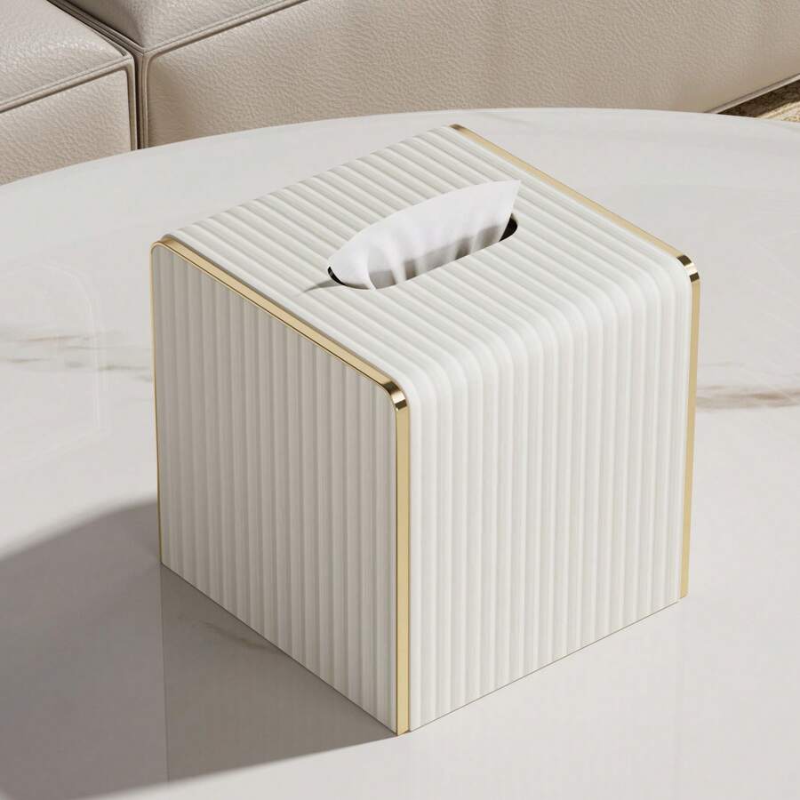 Vertical Striped Square Leather Tissue Box Cover - Fashionable Cubic Tissue Box Holder With Magnet Base, Decorative PU Tissue Box Suitable For Vanity, Nightstand, Desk, Kitchen Counter, Home Office, Car, Storage Box Decor, Holiday Gift - Multicolor - View 1