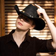 Vintage Western Hat With Beaded Belt Felt Cowgirl Hat Casual Wide Brim Jazz Cap For Women Men For Daily Party Club - 黑色 - 查看 2