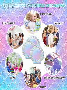 10 piezas Platos de papel con diseño de concha de sirena, platos de papel desechables de tema de sirena holográfica y colorida, de 7 pulgadas/9 pulgadas para fiesta de sirena, fiesta de cumpleaños, baby shower, boda y talla grande - Multicolor - Ver 7