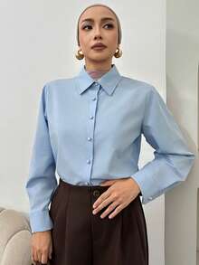 DAZY Camisa Feminina de Manga Longa Azul, Estilo Casual de Escritório/Trabalho, Design Poético de Dinheiro Antigo, Cor Sólida, Primavera/Verão - Azul - Visão 2