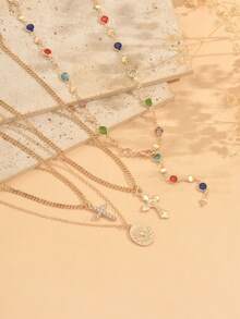 Set de 4 collares elegantes y de moda con colgante de cruz de cristal, diseño de nicho multicapa, adecuado para uso diario, viajes, fiestas, festivales de música, con arreglo de cristales de color aleatorio - Multicolor - Ver 3