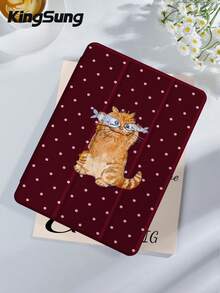 Kingsung 酒红色波点图案，猫咪和鱼儿卡通平板电脑保护套，兼容 iPad 9.7/10.2/10.5/10.9/12.9/Pro 11（第十代），兼容三星 Galaxy Tab S6 Lite 10.4 英寸，兼容 Kindle Paperwhite（第十二代，2024 年款），Kindle（第十一代，2022 年款），Kobo Clara Color，柔软防摔，智能支架/自动唤醒/睡眠功能 - 彩色 - 查看 3