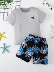 Bộ 2 món gồm áo thun ngắn tay và quần short cho trẻ em, nhẹ, đa năng, kiểu dáng thường ngày cho kỳ nghỉ hè, phù hợp cho bé trai và bé gái từ 4-12 tuổi. - Nhiều màu - Xem 1
