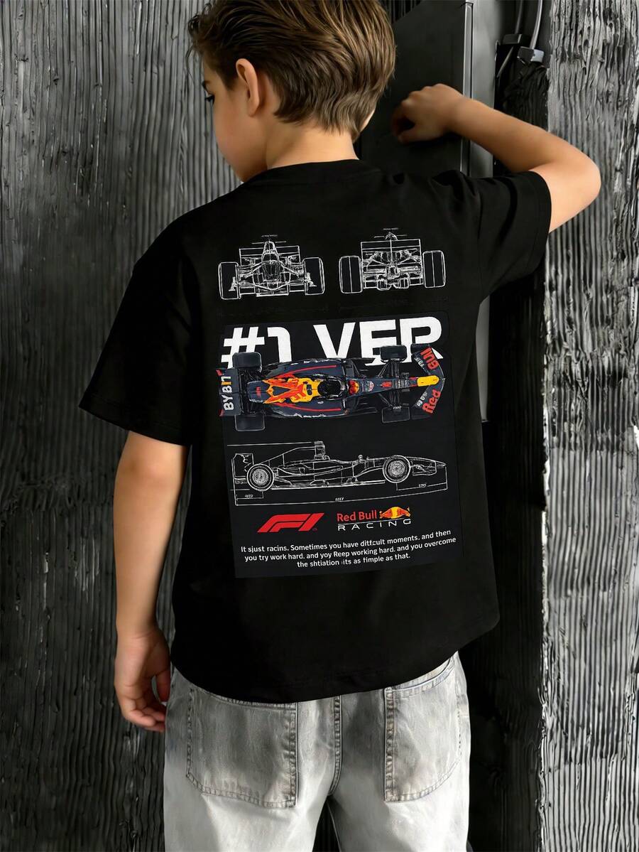 F1 Red Bull Racing VER Car Print Men's Cotton T-Shirt Streetwear Style Racing Enthusiast Daily Top - 黑色 - 查看 1