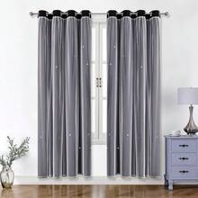 2 Panels Black Blackout Curtains With Star Cutouts, Solid Color Curtains With Lace Voile Layers, Suitable For Bedroom, Living Room - Black - View 25