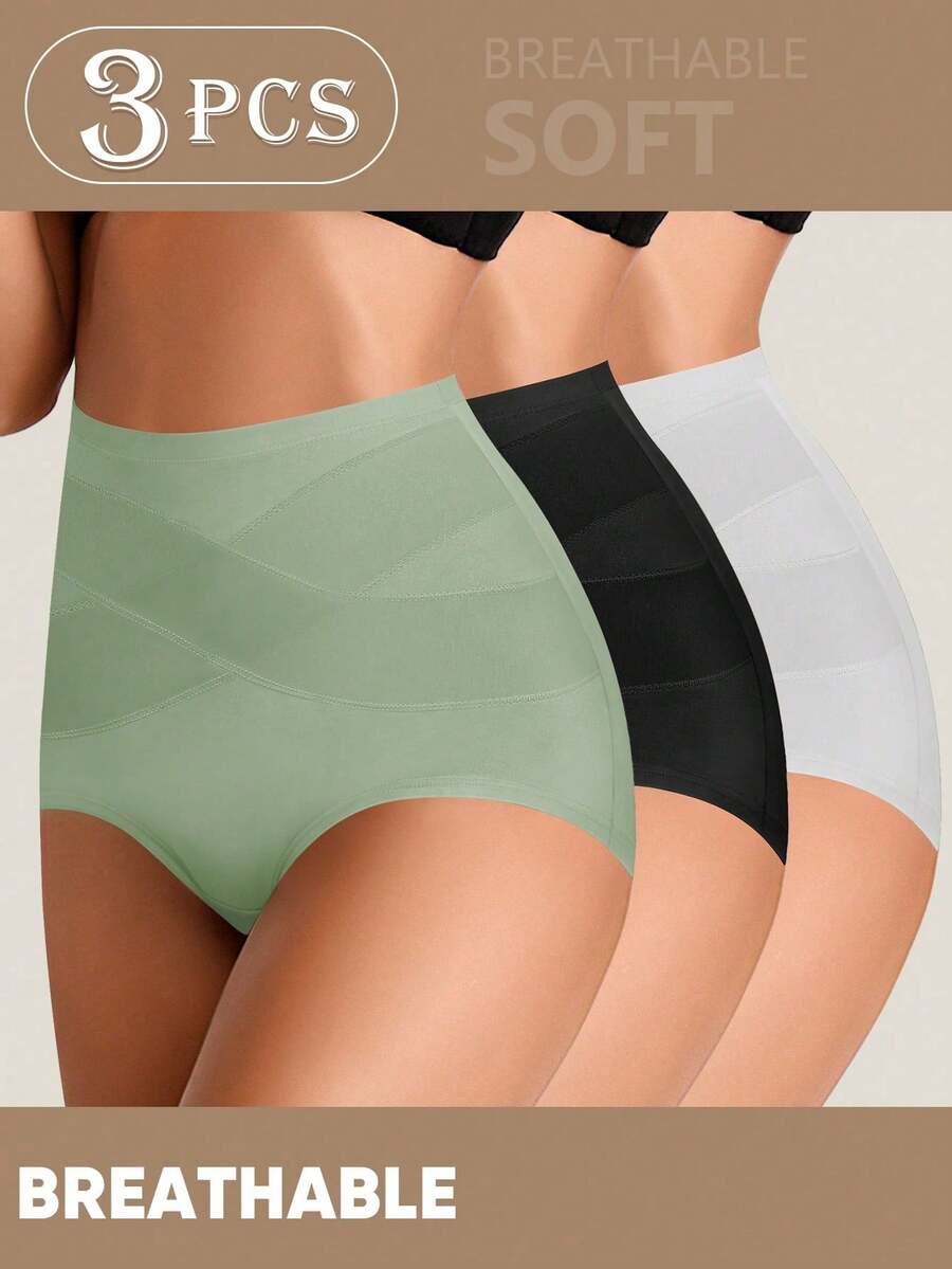 MEIYATING 3 chiếc quần lót nữ cạp cao bằng cotton, có khả năng kiểm soát vùng bụng và nâng mông, thiết kế chéo không đường may.