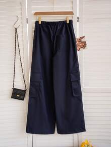 Spring/Summer Navy Blue Loose Straight Leg Casual Pants, Drawstring Waist, Wide Leg, Slimming Pockets, Sports Utility Trousers Winter - Navy Blue - View 10