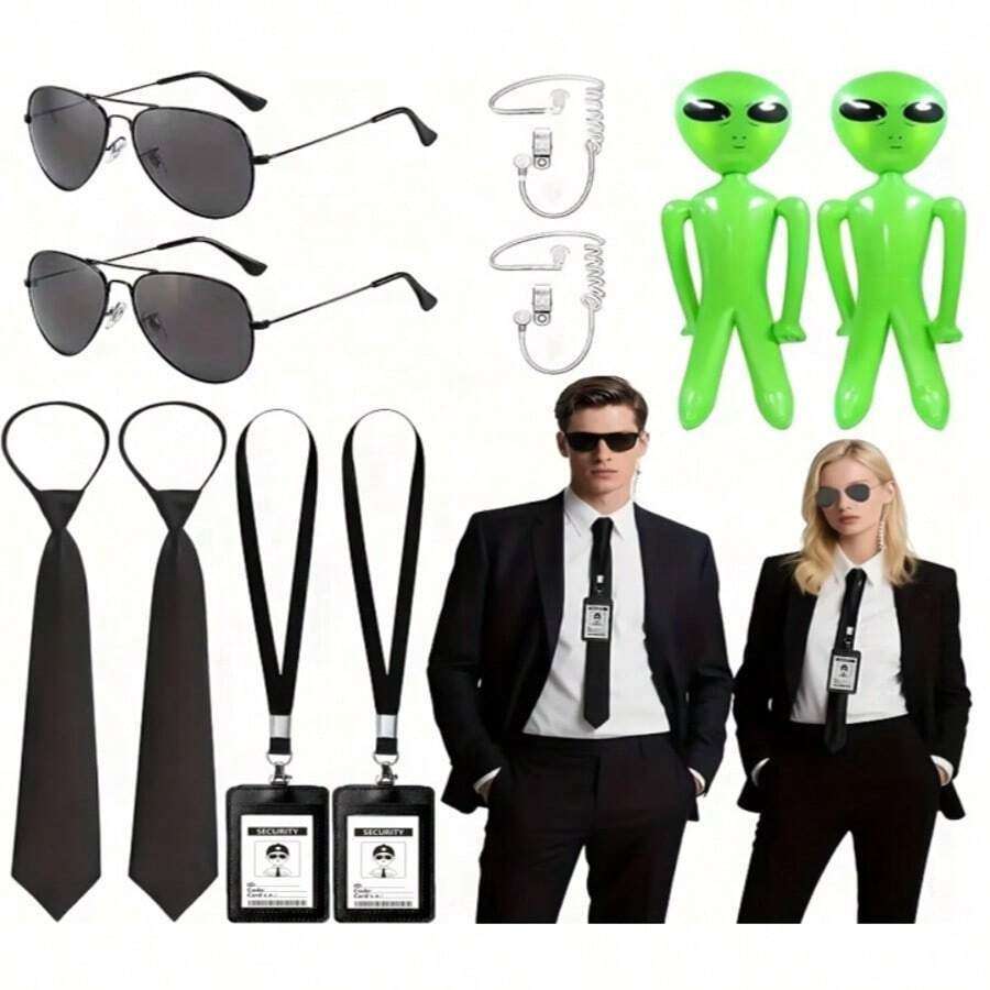 10 Pcs Fun Espionage Themed Costume Set ID Holder Black Tie Fashion Glasses Earplugs Inflatable Alien Unisex Carnival Party Props - Multicolor - View 1