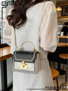 1pc Retro Color Block Patchwork Small Square Bag, Fashion Shoulder Bag With Chain Strap - Black - View 9
