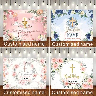 Customized Baptism Background Banner, Pink And Blue Floral Cross Gradient Background, Suitable For Baptism Party, Communion, Thanksgiving Celebration, Family Gathering Decoration Banner And Portrait Photography Background, Vinyl Material, Support Personalized Customization