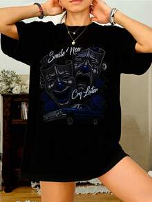 Womens Oversized Cotton Funny Graphic T Shirt With Clown Print Smile Now Cry Later Short Sleeve Summer Casual Gift For Her - 黑色 - 查看 1