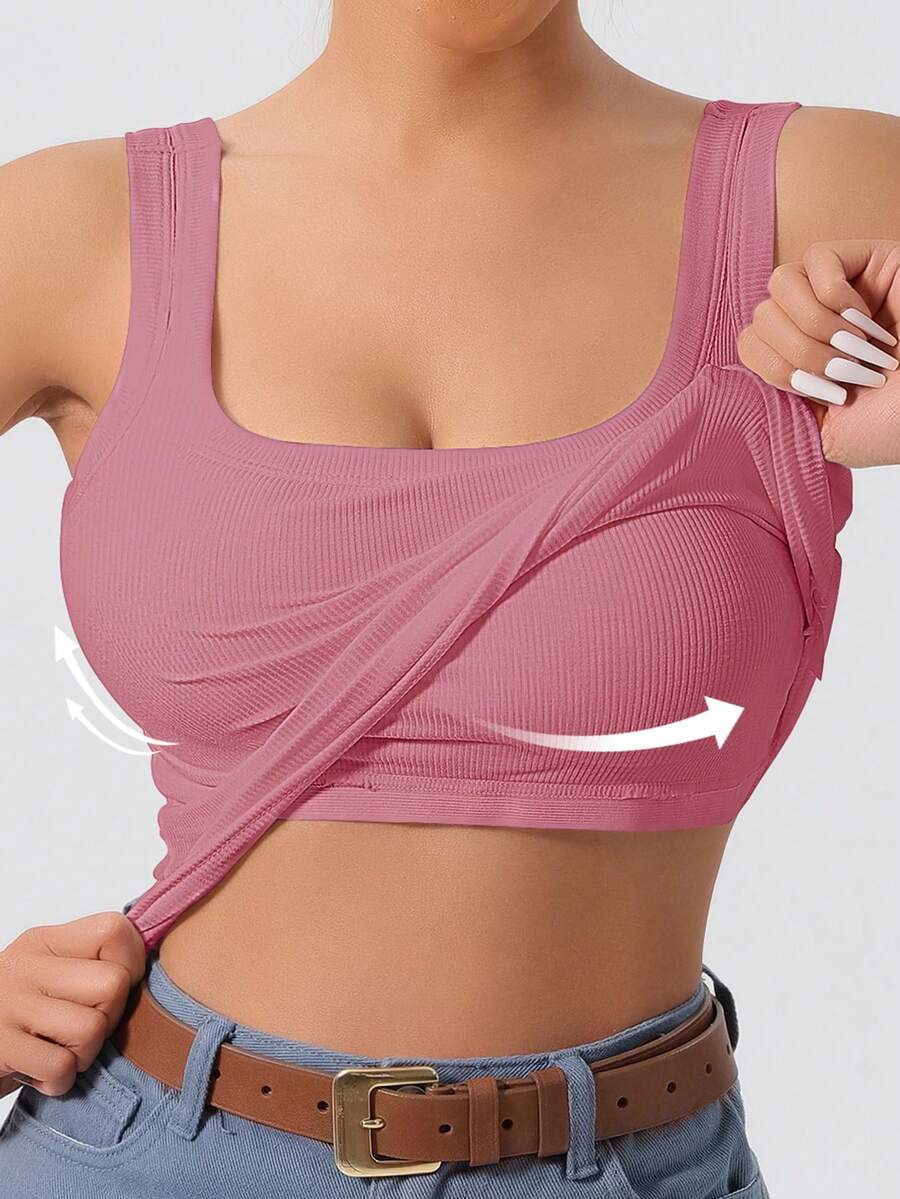 Ladies' Large U-Shaped Beautiful Back Casual Sports Vest, Women's Detachable Chest Pad, Fitted Solid Color, Worn Inside And Outside, Base Layer, Tank Vest - 粉色 - 查看 1