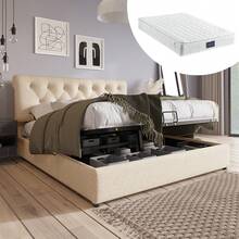 Hydraulic Double Bed Measuring 160x200 Cm. Adjustable Headboard With Metal Frame, With Storage, Mattress Included. - Beige - View 1