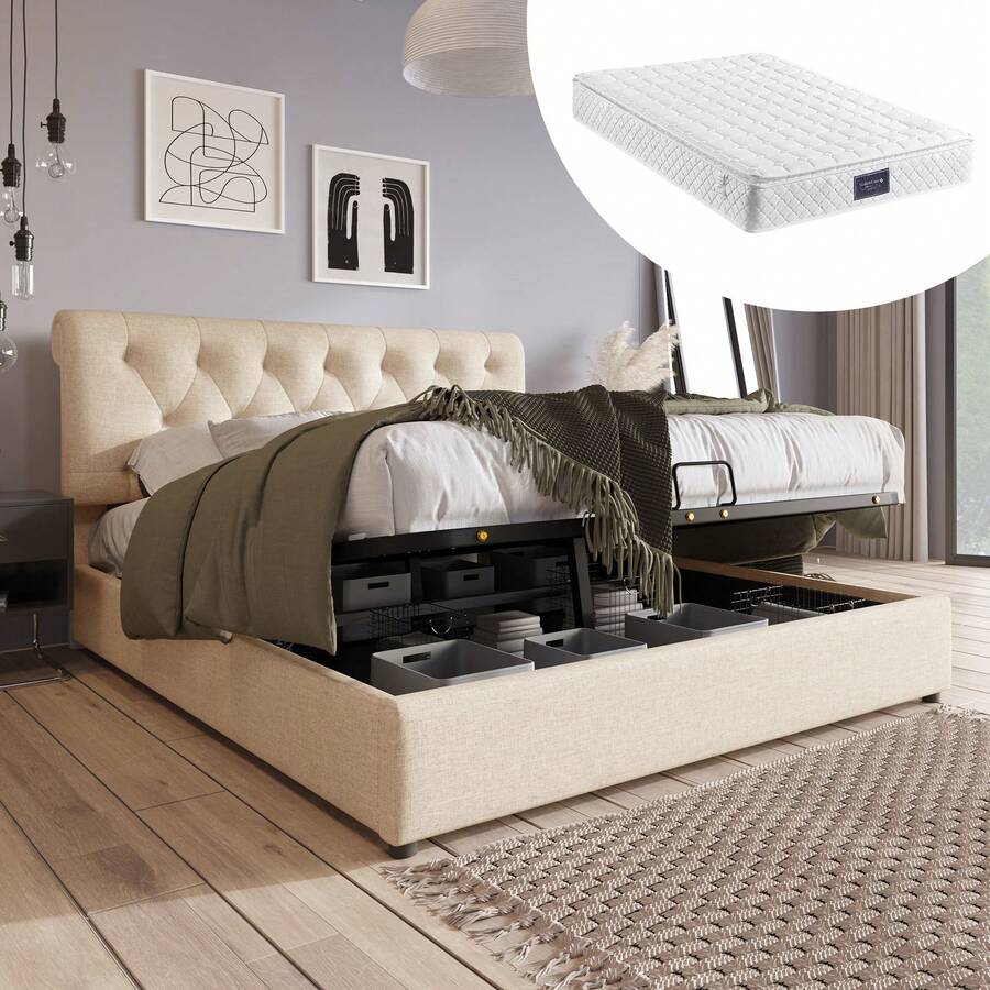 Hydraulic Double Bed Measuring 160x200 Cm. Adjustable Headboard With Metal Frame, With Storage, Mattress Included. - Beige - View 1
