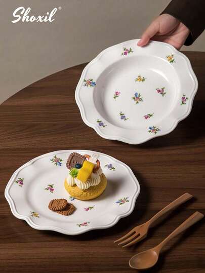 1件花卉图案陶瓷盘，简约风格托盘，带底座，可作水果盘、蛋糕盘、首饰托盘，适用于家庭、餐厅、派对等场合。