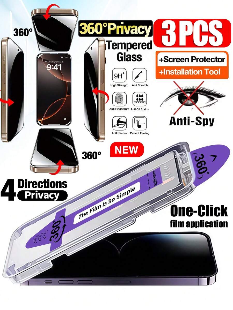 Yezodawee 3片装360°隐私屏幕保护膜，带自动安装套件，兼容 12/12 Pro/12 Pro Max/11/11 Pro/11 Pro Max/X/XR/XS/XS Max、17 Pro Max/17 Pro/17 Air/17/15 Plus/15 Pro Max/15 Pro/15/14 Pro Max/14/14 Plus/14 Pro/13/13 Pro/13 Pro Max，9H钢化玻璃隐私屏幕保护膜，防刮花，防指纹，贴合机身，适用于动态岛，全屏覆盖。