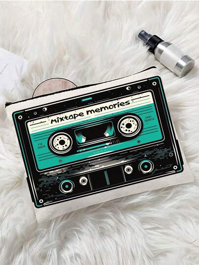 2D平面印花复古“她如此不寻常”80年代磁带图案化妆包，趣味流行文化礼物，音乐爱好者的完美之选，拉链设计，复古风格，可手洗，混色，返校必备，应急包，圣诞礼物