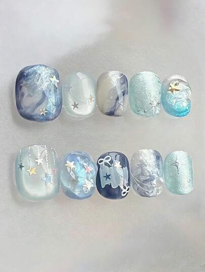 10 piezas de uñas postizas puras hechas a mano de forma cuadrada corta en azul y blanco con efecto ojo de gato y decoradas con estrellas, moños y diseños lindos y elegantes para mujeres y niñas, para uso en primavera, verano, otoño, invierno, fiestas y vida diaria