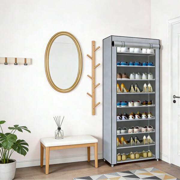 Lislark 1PC 10 Layers Dustproof Shoe Rack, Multifunctional Shoe Rack, Metal Tube Storage Rack With Dust Cover, Easy To Assemble, Large Capacity Storage Rack For Hallways, Bedrooms And Living Rooms, Great For Rental Houses And Dormitories, Durable And Sturdy Shoe Cabinet For Home Use, Home Organization And Storage Supplies, Shoe Storage Rack.