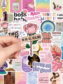 52张卡通愿景板贴纸，美观涂鸦风格，适用于手机壳、笔记本电脑、行李箱、剪贴簿、文具、日记本、冰箱、衣柜、钱包、背包、吉他等，PVC材质。 - 1 Set - 查看 5