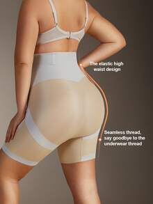 1pc Women High Waist Criss-Cross Girdle Seamless Tummy Control Butt Lifter Shapewear Shorts, Plus Size - Apricot - View 3