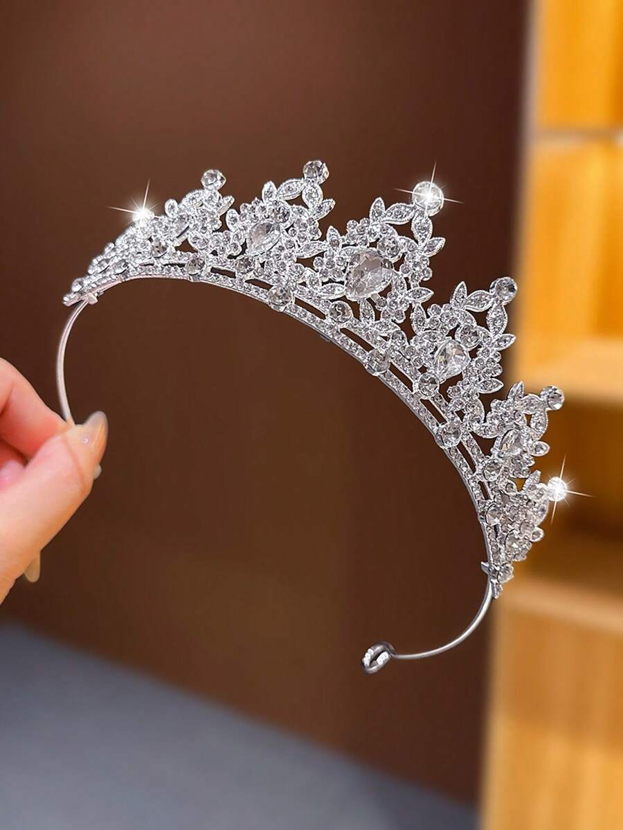 1pc White Crystal Crown Headpiece, Luxury Princess Crown Hair Clip Accessory, Birthday Gift - White - View 1