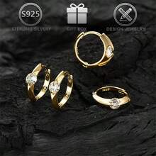 1 Pair 925 Sterling Silver Fashion Metal Cubic Zirconia Stud Earrings, Suitable For Daily, Casual, Vacation, Party Wear, Holiday, Birthday Gift - Gold - View 7