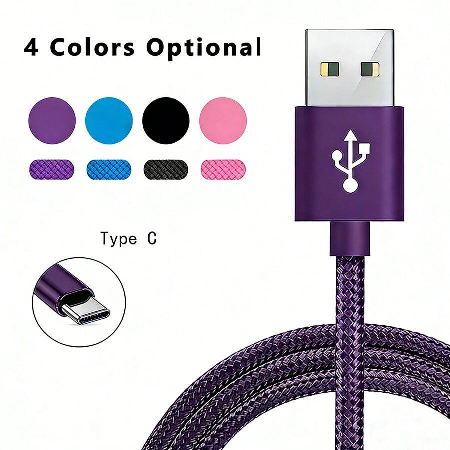 Cable USB A a Tipo C trenzado de nailon, carga súper rápida, cargador de coche, Android, cámara, MP3, adaptador universal, cable cargador USB-C, esencial de viaje - Morado - Ver 1