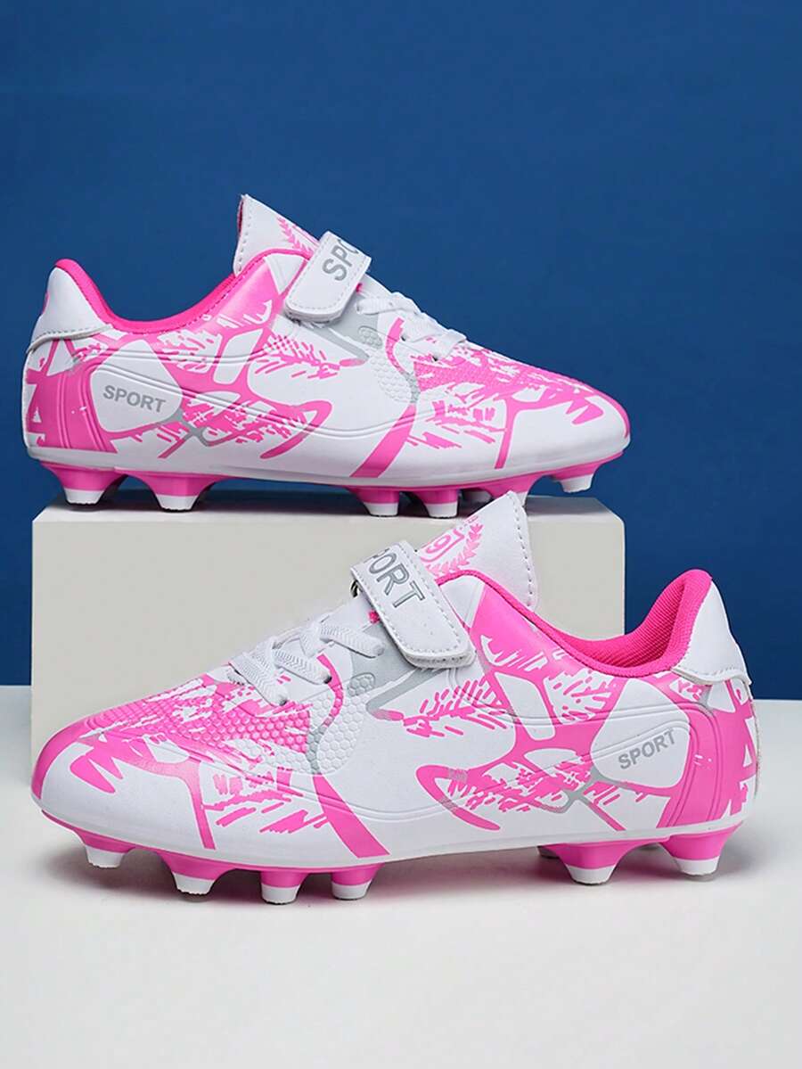 All Season Competitive Sports Football Shoes, Campus Style Football Shoes, Football Training Shoes, Football Match Shoes, Asymmetrical Camouflage Pattern Upper, Convenient Hook And Loop Fastening - Pink - View 1