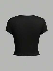 Damen Rundhals Kurzarm Basic T-Shirt, weicher hautfreundlicher Stoff, lässiges Alltags-Streetwear-Oberteil, vielseitig kombinierbar - Schwarz - Übersicht 7