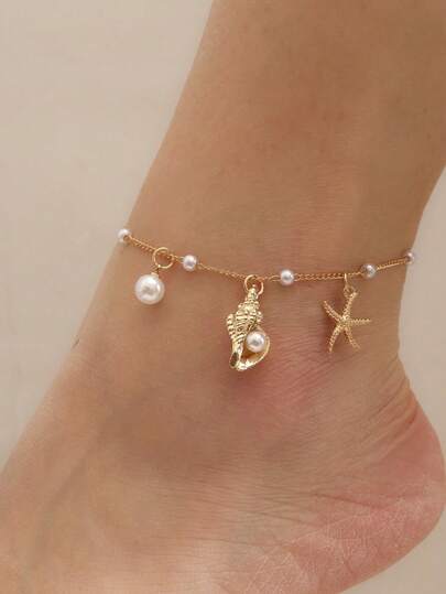 1 pieza Tobillera de mujer con estilo de playa de resort bohemio, con perlas falsas y conchas y estrellas de mar, adecuada para la vida cotidiana, regalos, accesorios de moda